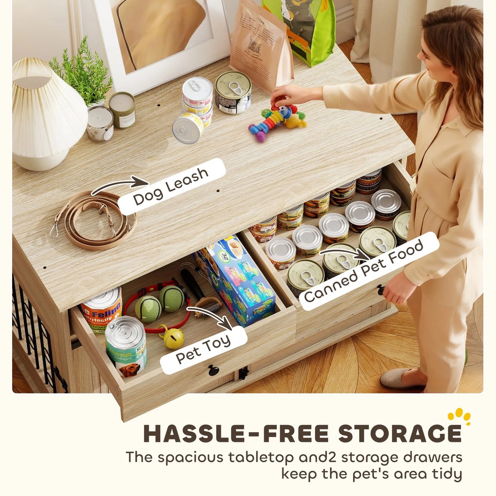 PawHut Skrzynia dla psa na kółkach, 2 drzwi, 2 szuflady, dla psów średnich i dużych, drewno, stal | Aosom PL