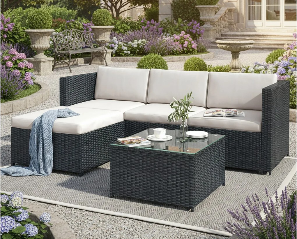 Salon ogrodowy z plecionego tworzywa - Kanapa narożna zewnętrzna ze stolikiem kawowym - 4 osoby - Czarny