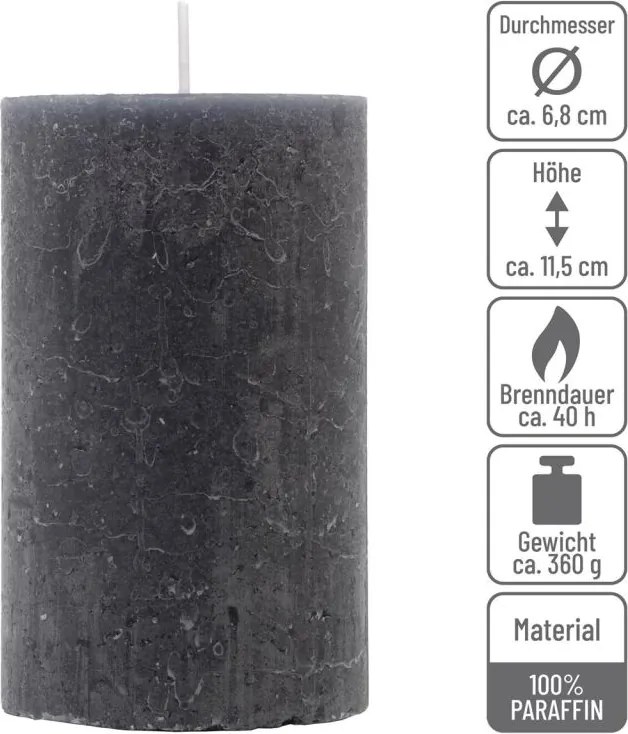 Zestaw świec rustykalnych, 11,5 cm, Ø 6,8 cm, antracyt, 12 s