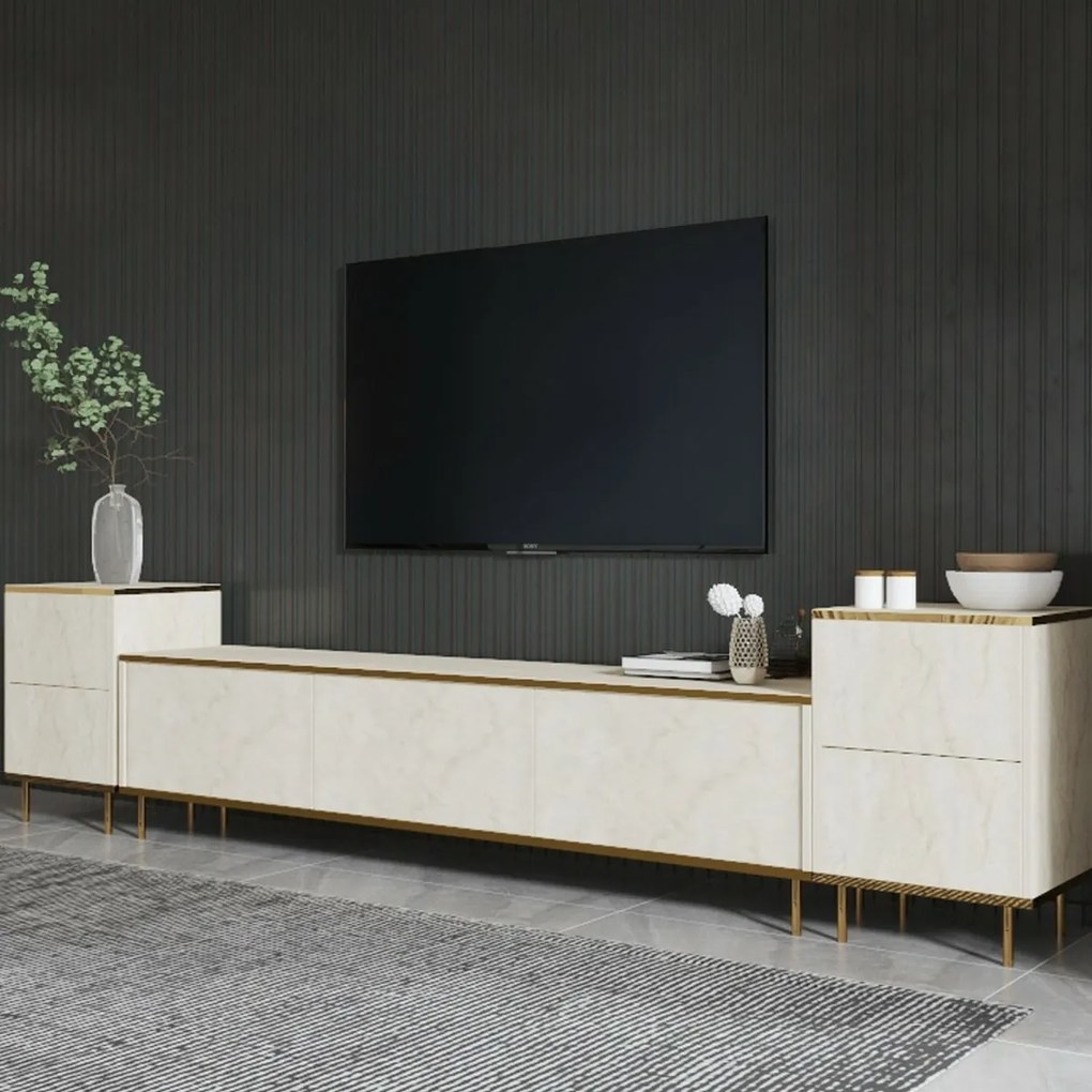 Stolik pod telewizor z szafkami Imej Travertine and Gold