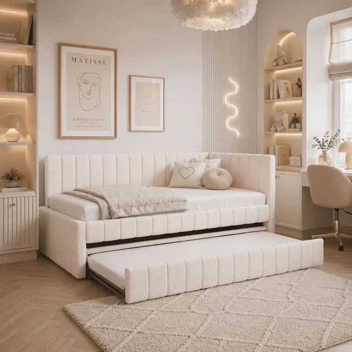 Łóżko Tapicerowane 90x200 cm VILLEMO Podwójne ze Stelażem Rozkładane Młodzieżowe Kremowe Boucle
