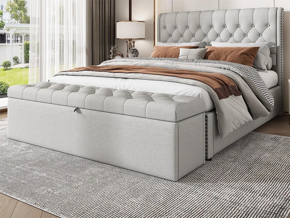 Banc skrzynkowy tapicerowany lnem - Jasnoszary