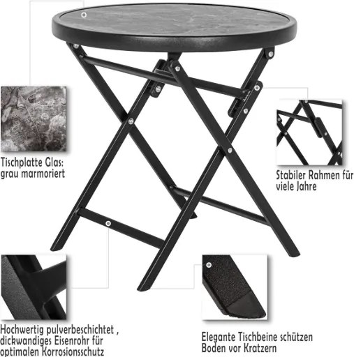 Składany stolik balkonowy ze szkła i stali, 45 cm, czarny