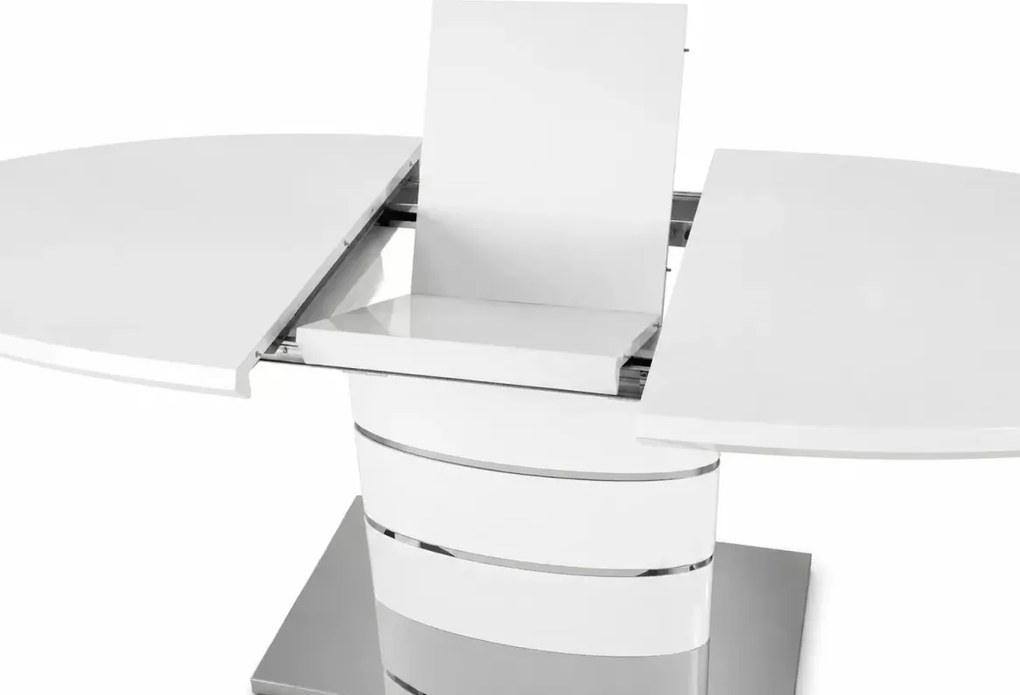 Rozkładany owalny stół Nimbus 140-180 cm w biały połysku z MDF lakierowanego ze srebrnymi detalami