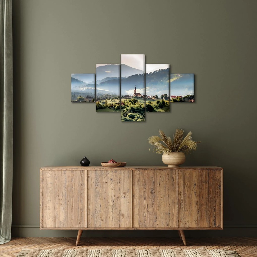 Obraz - wieś we mgle (125x70 cm)