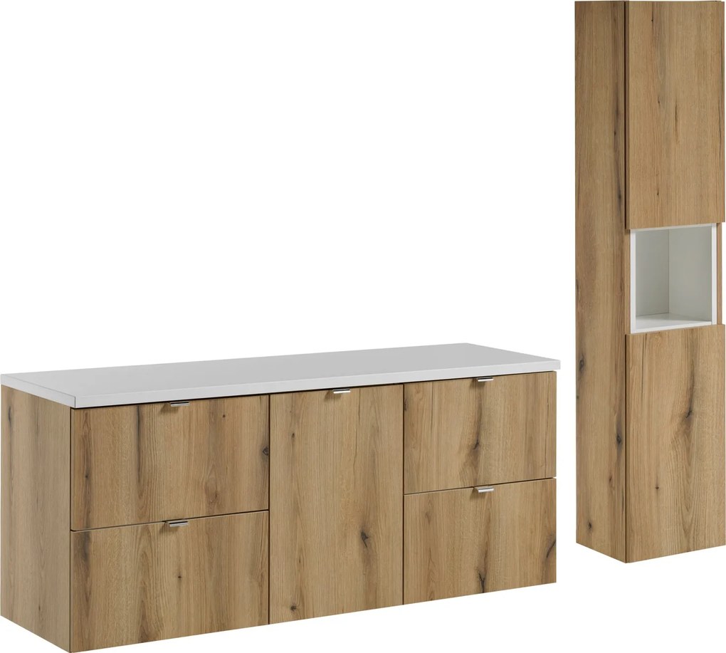Zestaw łazienkowy Nova 064, dąb coast evoke/biały mat - szafka 140 cm z koszem na pranie i słupek