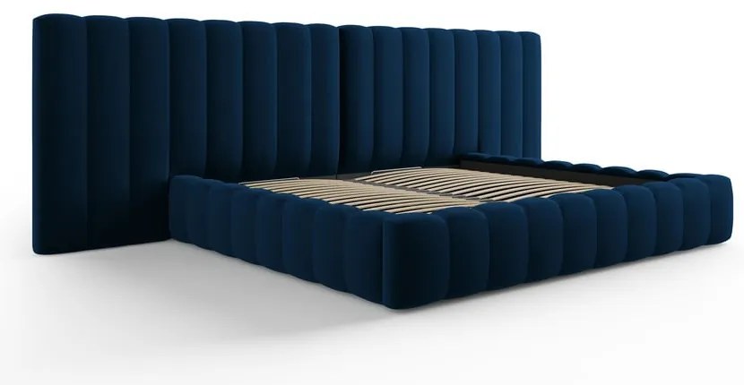 Ciemnoniebieskie tapicerowane łóżko dwuosobowe ze schowkiem i stelażem 200x200 cm Gina – Milo Casa