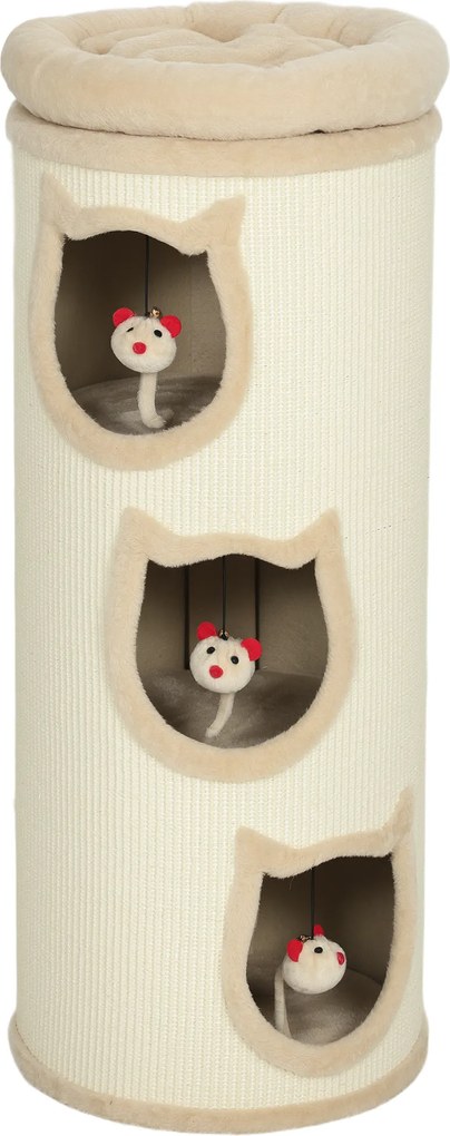 PawHut Beczka do drapania dla kotów, 96 cm, 4-poziomowa wieża z pralnym łóżkiem, 3 legowiska, wiszące zabawki, dla kilku kotów, szary