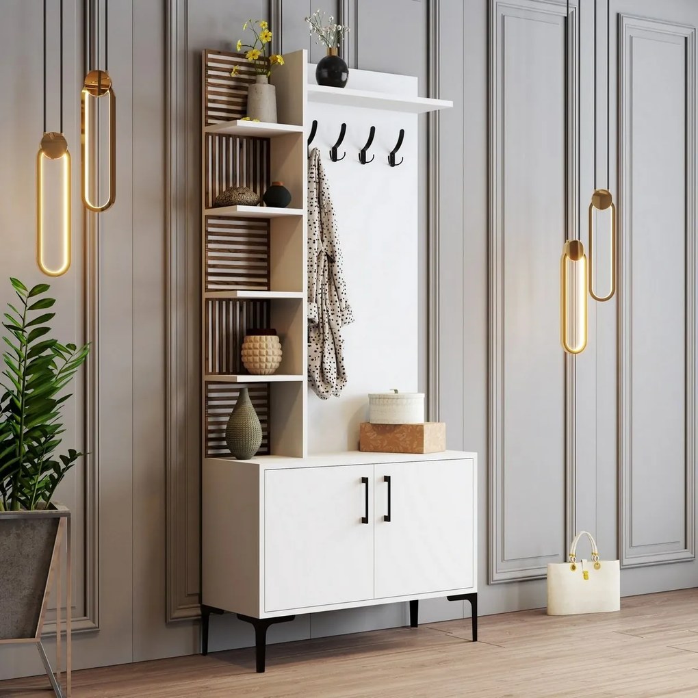 Wieszak z szafką na buty i półkami Viyana White