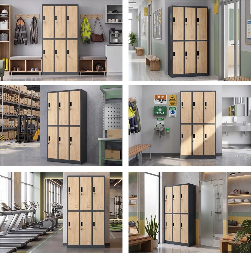 Szafa socjalna ubraniowa 6-drzwiowa antracytowa/dąb sonoma, 900x1850x450 mm: IGOR Eco Design