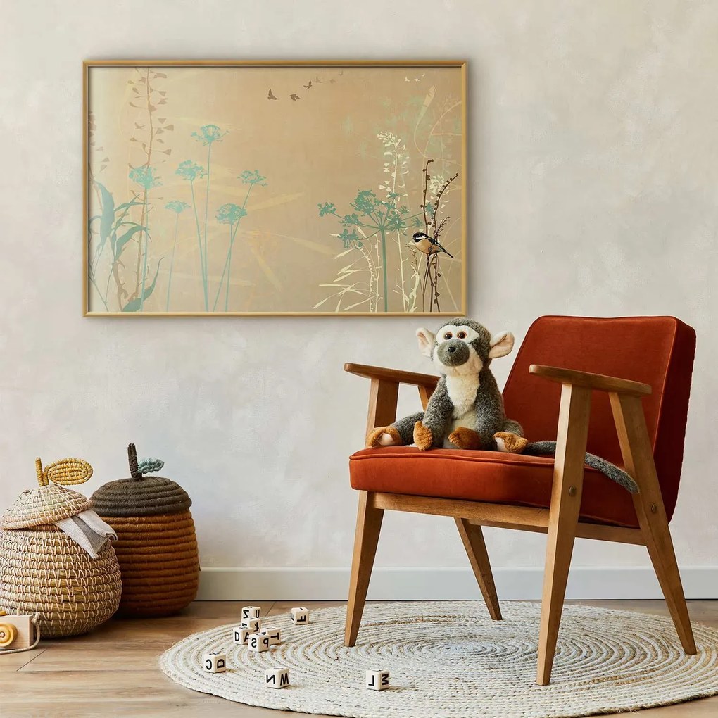 Plakat Ptaszek na łące 90x60 cm z ramą złotą bez marginesu ARTGEIST B
