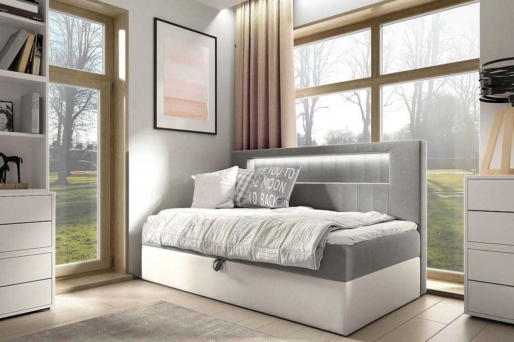 Szare tapicerowane łóżko z pojemnikiem 3 rozmiary M0-M90