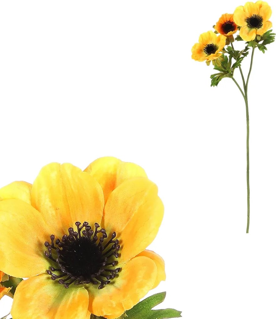 Sztuczny kwiat Sasanka, 3 kwiaty, żółty, 15 x 15 x 55 cm
