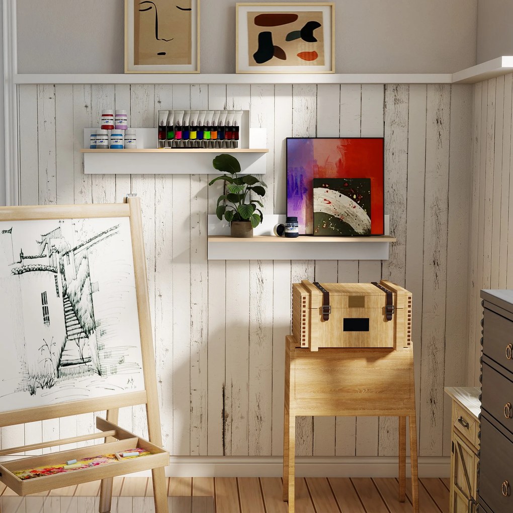 HOMCOM Półka ścienna zestaw 2 szt., półki wiszące, półka do ekspozycji, do kuchni, salonu, Biały+Naturalne drewno