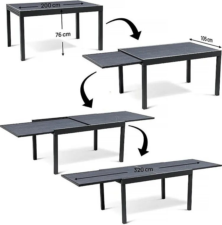 Rozkładany stół ogrodowy z aluminium "Lagos" Czarny 200/320 x 105 cm