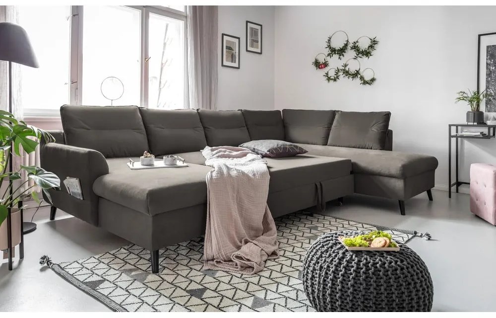 Ciemnoszara aksamitna rozkładana sofa w kształcie litery "U" Miuform Stylish Stan, prawostronna