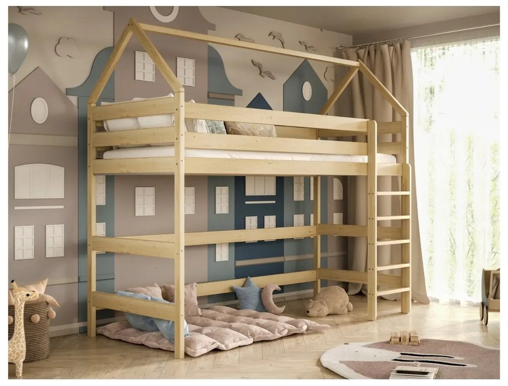 Łóżko domek na antresoli TOBI 2 160x80 sosna naturalna lakierowana  KOCOT KIDS