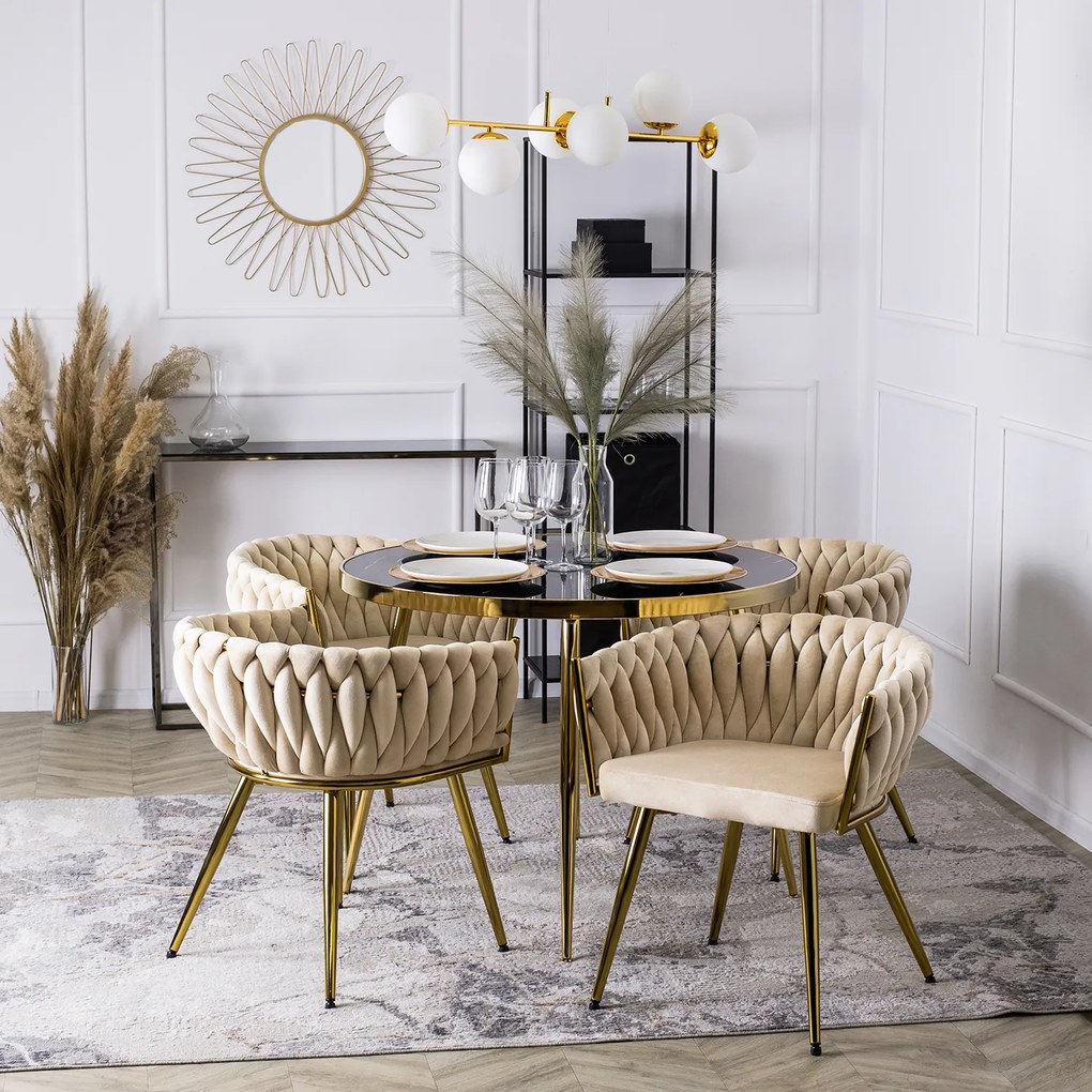 Krzesło Tapicerowane Plecione do Salonu CAPRI Kremowe Welurowe do Toaletki Nowoczesne Glamour