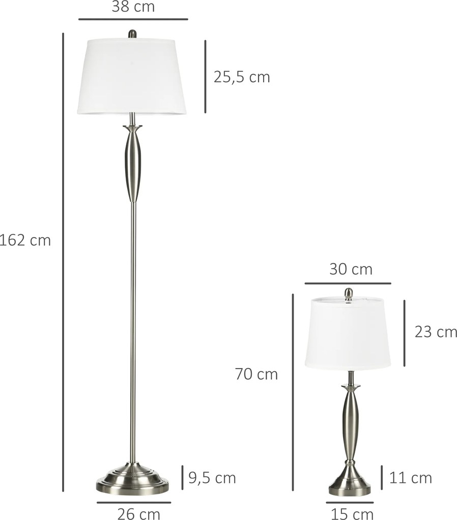 HOMCOM Zestaw 3 Lamp Srebrno Białe 1 Lampa Podłogowa 2 Lampy Stołowe Wykończenie Tkaninowe 38x38x158cm | Aosom PL