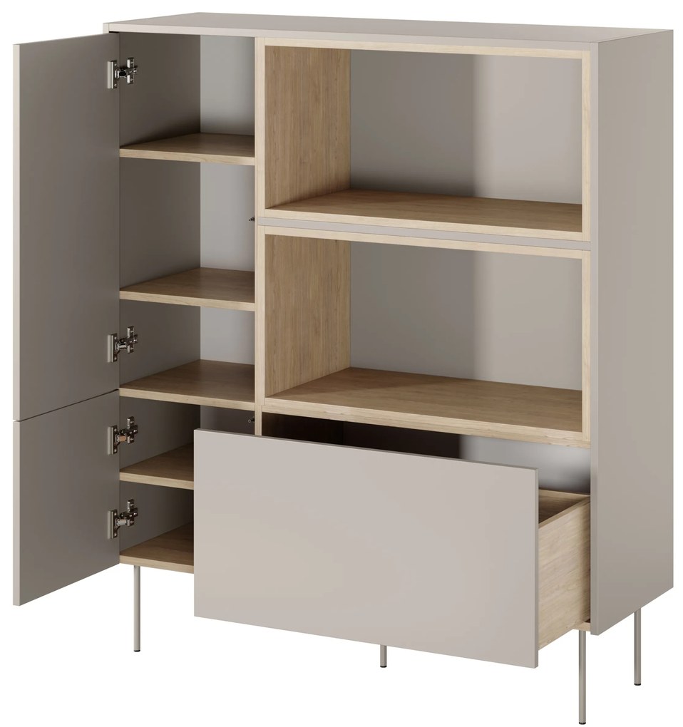 Komoda wysoka Desin 120 cm dwudrzwiowa z szufladą i wnękami - kaszmir / dąb nagano