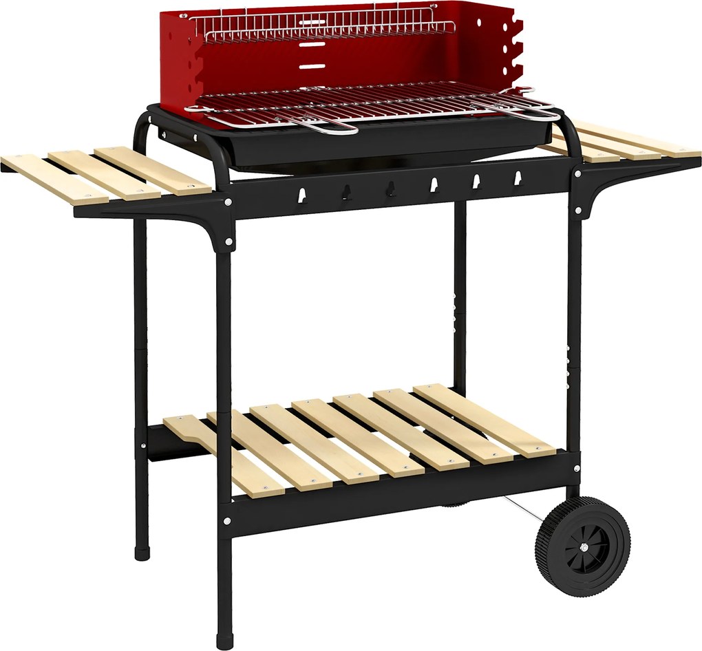 Outsunny Grill węglowy z metalu BBQ Smoker na kółkach, ruszt regulowany na wysokość, drewniana półka 103x47x95 cm Czerwony