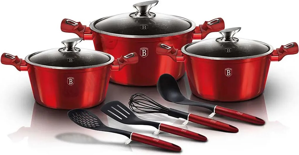 Komplet czerwonych garnków z przyborami kuchennymi Black P8-M58