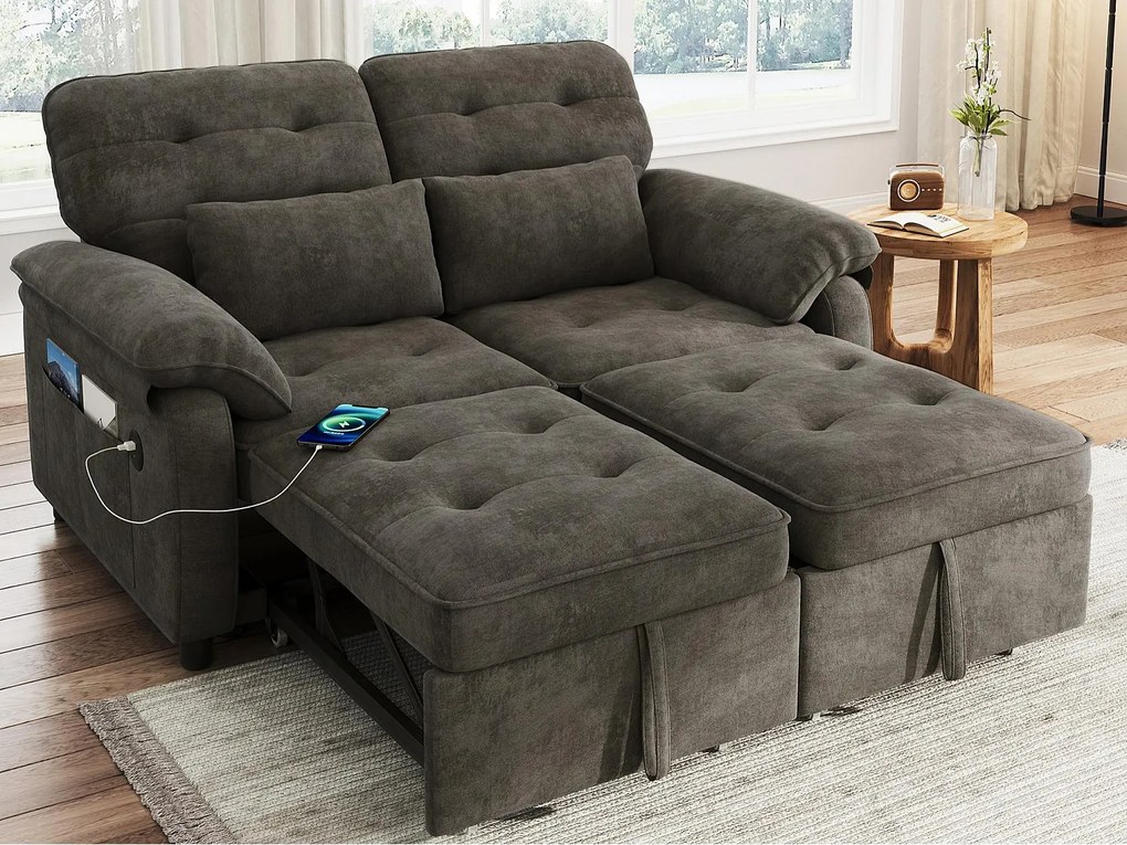 Kanapa 3 w 1 - 2 osoby - Kanapa składana - Regulowane oparcie - Port ładowania USB - Zawiera 2 poduszki - Szynszyla - szary