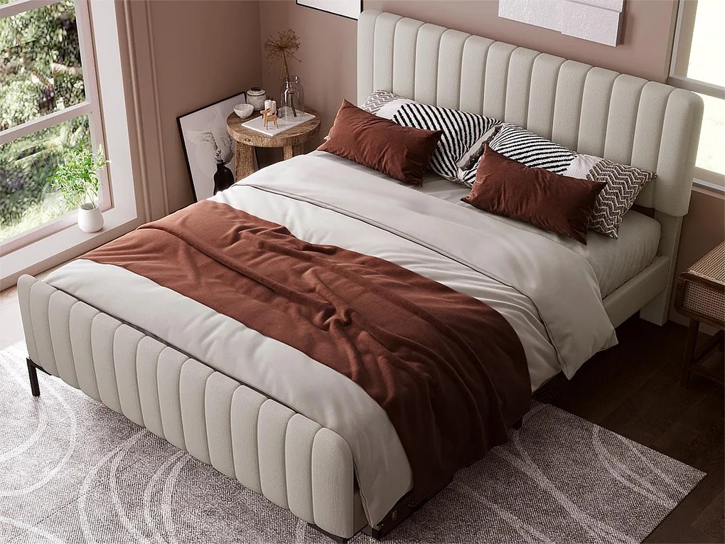 Łóżko z regulowanym zagłówkiem - 160 x 200 cm - tkanina lniana - stelaż z listew - beż