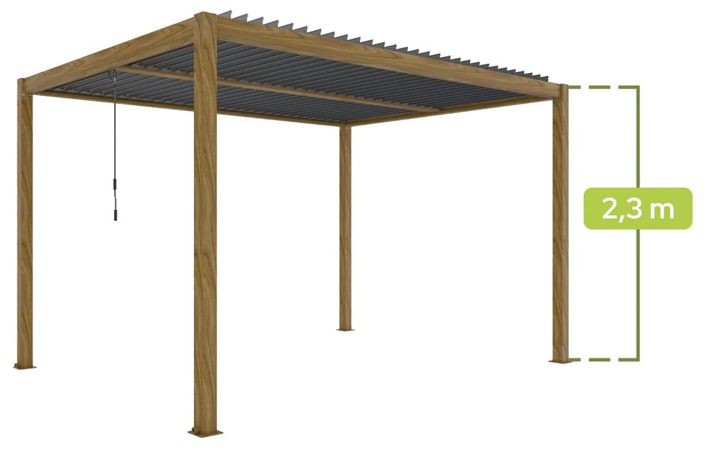 PERGOLA OGRODOWA LUXE 3x4M ALUMINIOWA Z OŚWIETLENIEM LED W KOLORZE DREWNA Z ANTRACYTOWYM DACHEM