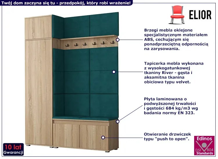 Garderoba z welurowym panelem ściennym dąb sonoma + butelkowa zieleń - Linez 3X
