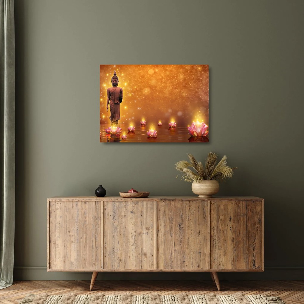 Obraz na szkle - Budda w złotym blasku (70x50 cm)
