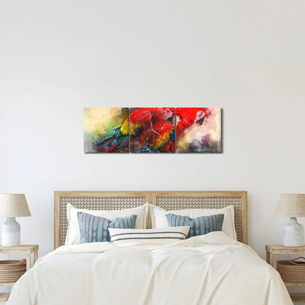 Obraz czerwonych papug Ara (z zegarem) (90x30 cm)