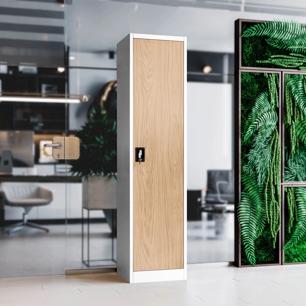 Biurowa szafa metalowa ALEX, 450 x 1850 x 400 mm, Eco Design: biała/ dąb sonoma