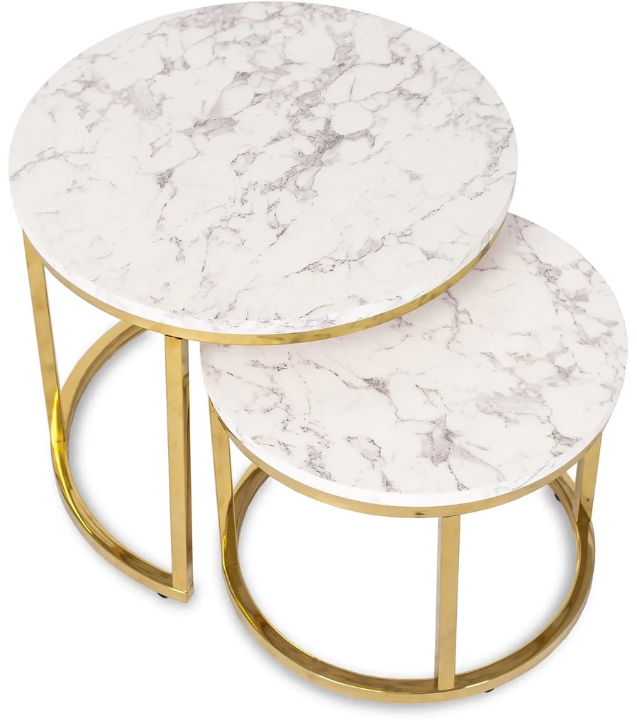 Zestaw Stolików Kawowych OLIS 43 cm/53 cm Biały Marmur Złoty do Salonu Glamour