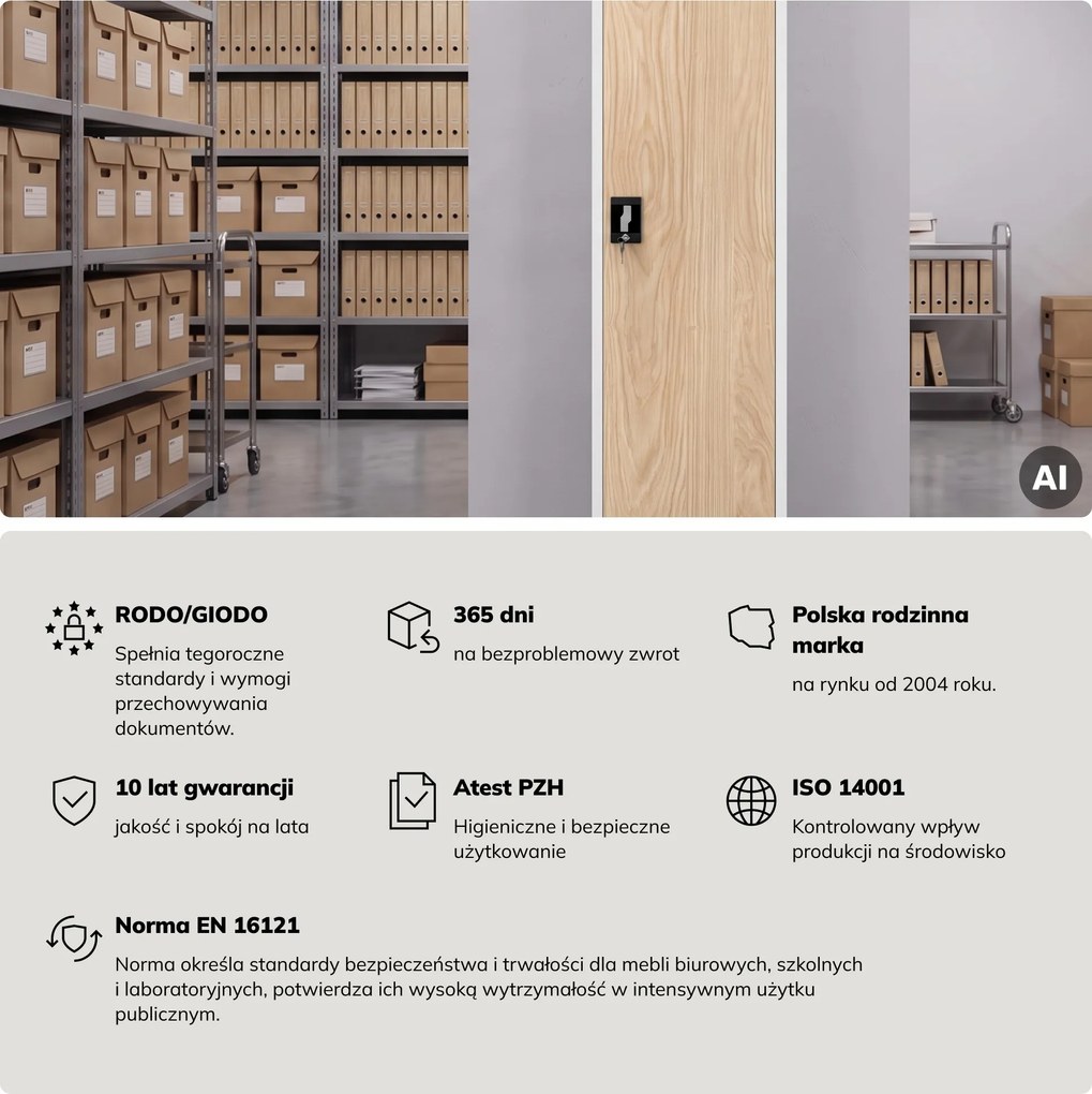 Szafa biurowa metalowa na akta biała/dąb sonoma, 450x1850x400 mm: ALEX Eco Design