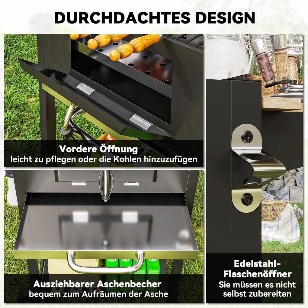 Outsunny Grill węglowy z regulowaną paletą węglową, wózek grillowy, półki, termometr, otwieracz do butelek, stal, drewno, czarny