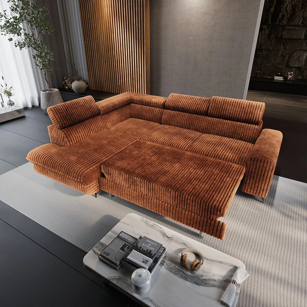 Masseno Narożnik VELISS z funkcją spania i pojemnikiem na pościel Rozkładana sofa do Salonu - Brązowy, TILIA 52
