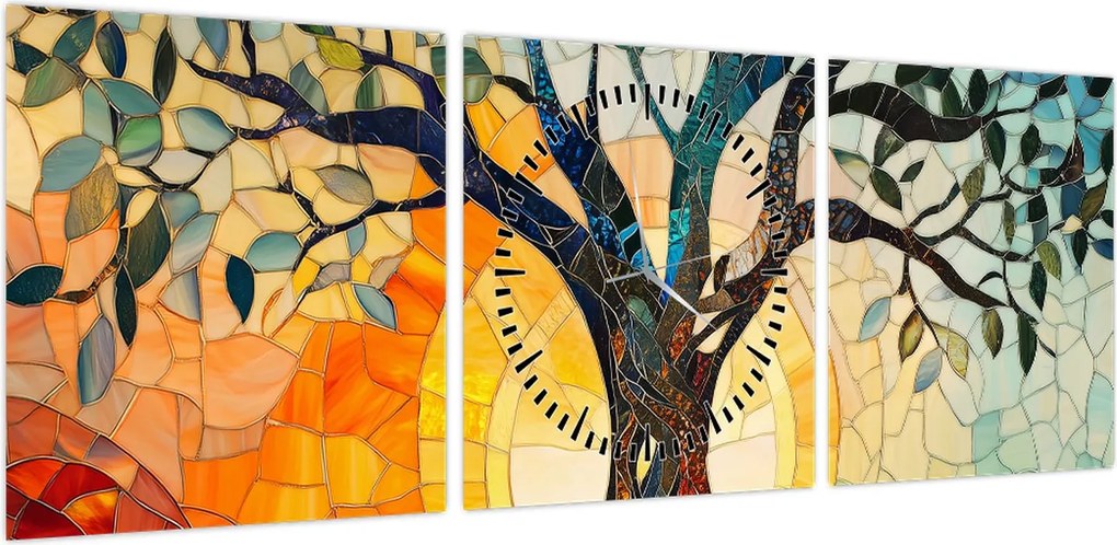 Obraz – Mozaika – słońce i drzewo I. (z zegarem) (90x30 cm)