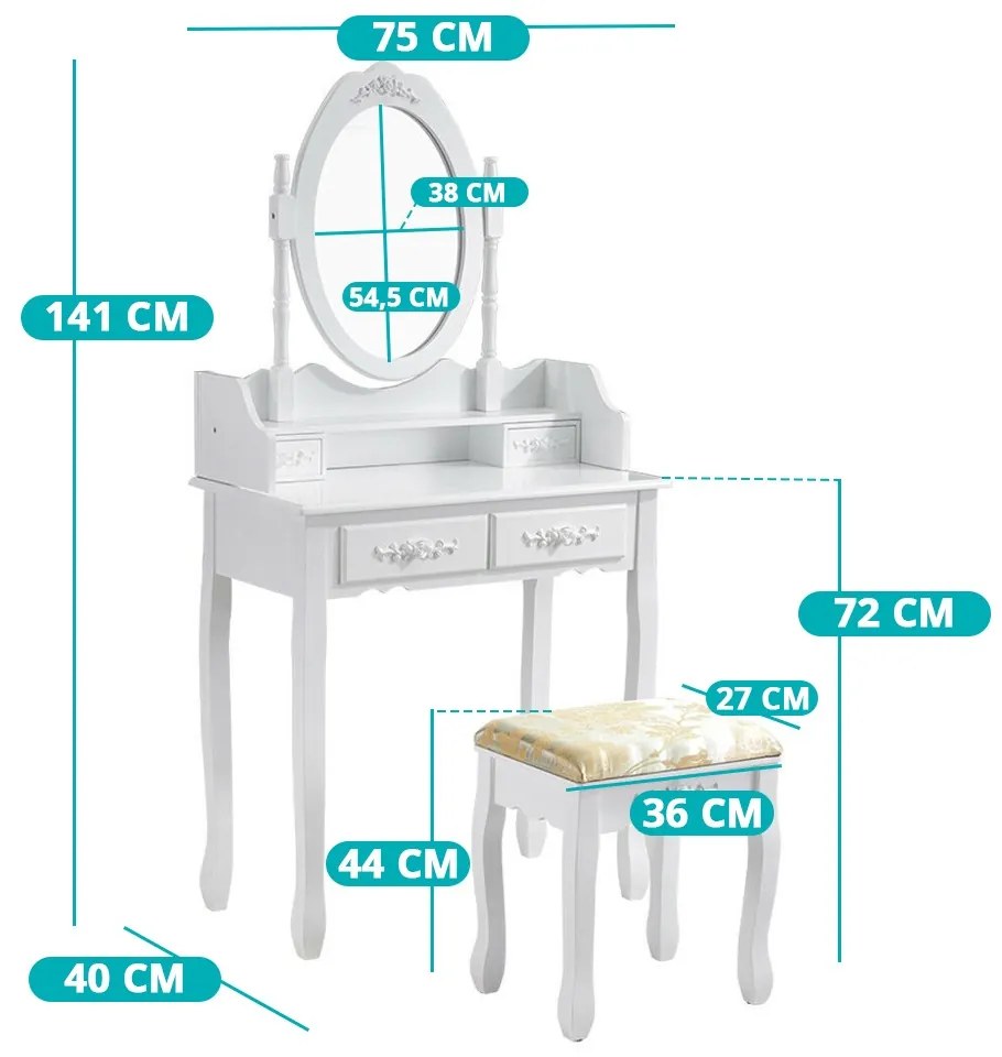 Toaletka lustrzana z taboretem Rome, w kilku kolorach-biała