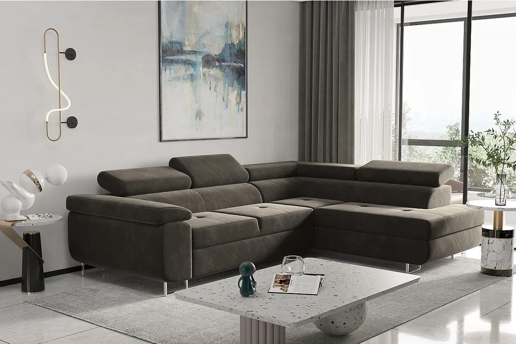 Narożnik z funkcją spania w kształcie L ATOM, tkanina Monolith, Brązowy, Prawy