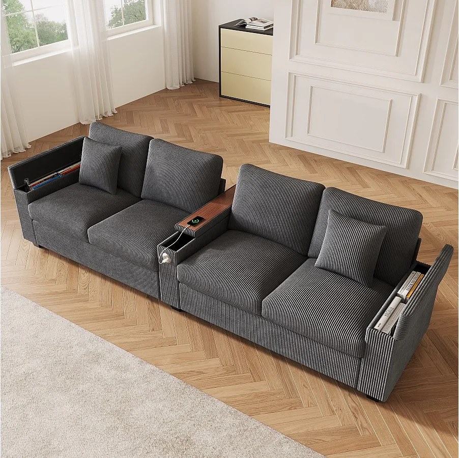 Nowoczesna sofa 4-osobowa - 299 x 80 x 82,7 cm - z portem USB, składanym podłokietnikiem i ukrytym schowkiem - aksamitna - szara