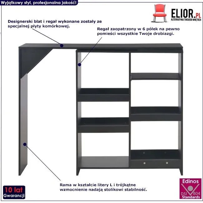 Stolik barowy Rinke z ruchomym regałem – czarny