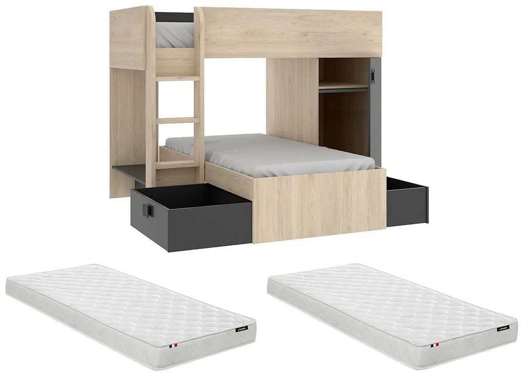 Łóżko piętrowe narożne z szafą i szufladami - 2 x 90 x 190 cm - Wbudowane schowki - Dębowy i antracytowy + materac - RICARDO
