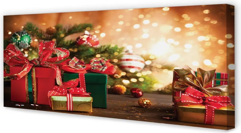 Obraz na płótnie Prezenty, Bombki i Lampki