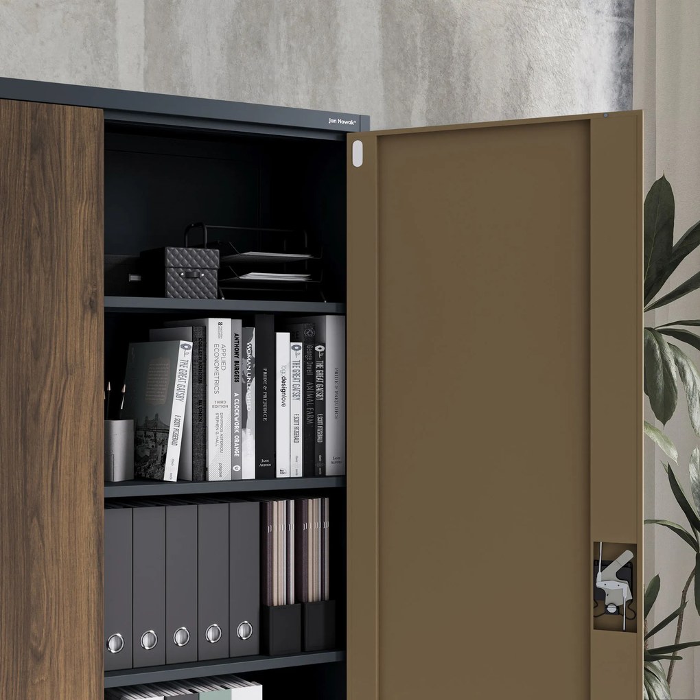 Szafa biurowa metalowa na akta, szeroka, antracyt/orzech, 1150x1850x400 mm: JAN II Eco Design