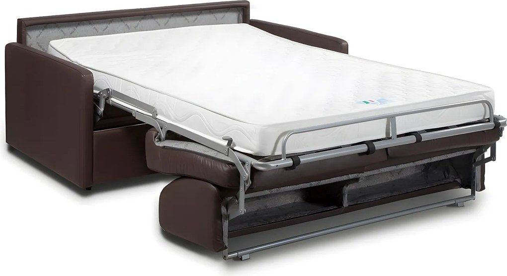 Kanapa 3-osobowa rozkładana typu express z brązowej ekoskóry z siedziskiem z pianki z pamięcią kształtu - Powierzchnia 140 cm - Materac 14 cm CALIFE