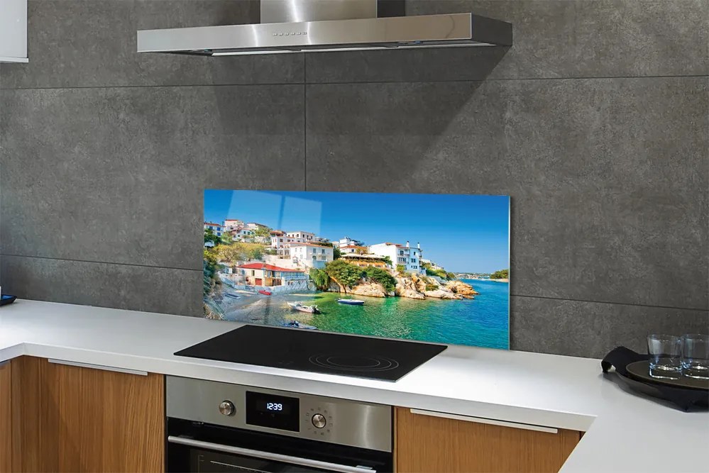 Szkło do Kuchni na Ścianę Tradycyjna Grecka Architektura nad Wodą