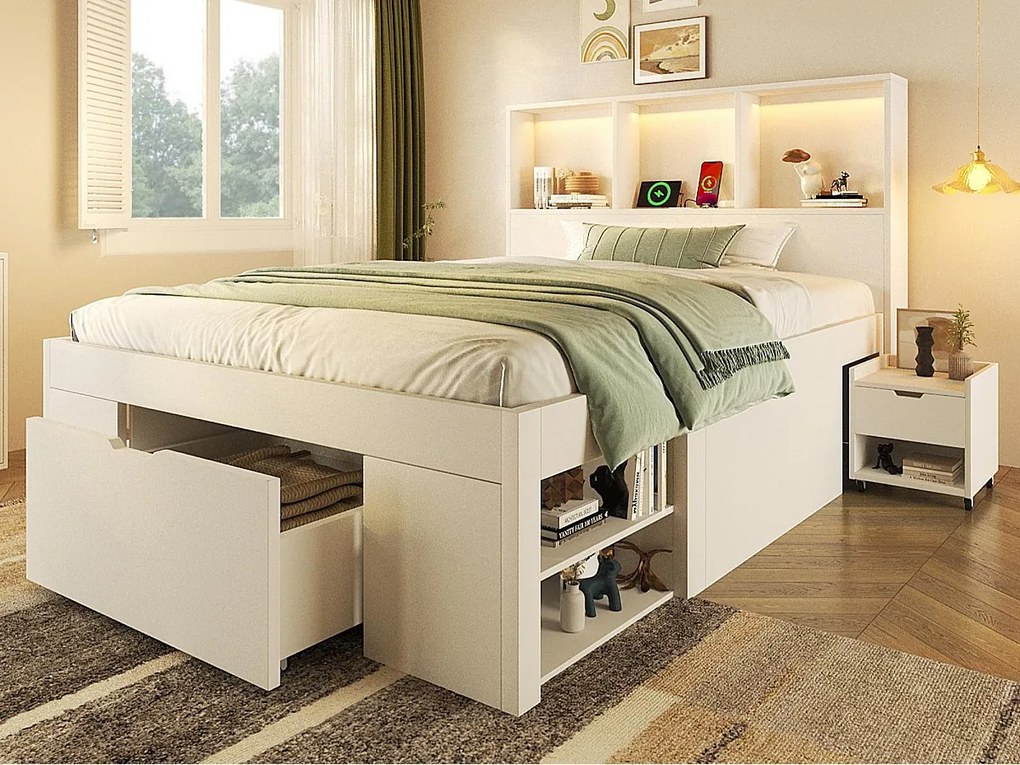 Łóżko pojedyncze 90x200cm - z oświetleniem LED i USB-C - z miejscem do przechowywania i mobilnym stolikiem nocnym - Biały​ (materac nie jest wliczony w cenę)