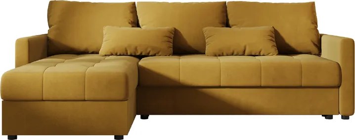 Rozkładana narożna sofa VENORIA 220x143 cm, musztardowa, uniwersalna + 2 poduszki GRATIS
