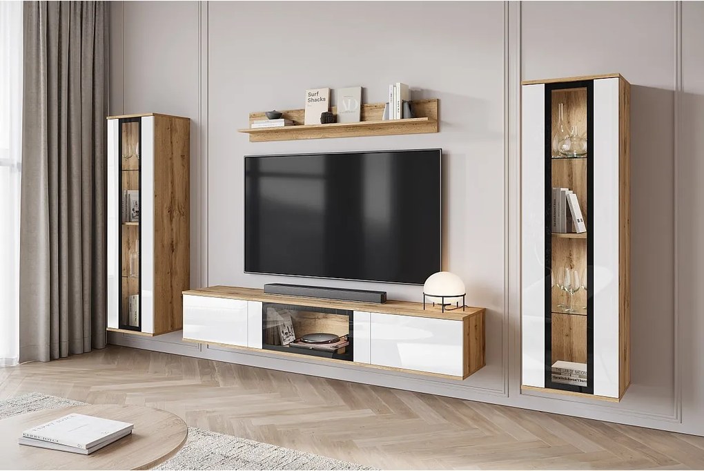 Nowoczesna meblościanka do salonu – 2 witryny i szafka RTV 180, korpus Dąb Wotan mat fronty biały połysk